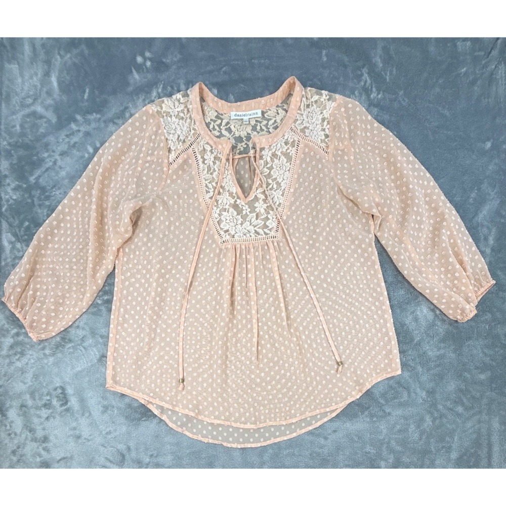 Daniel Rainn Blouse Semi Sheer Peach Pink Dot Lace Peasant Top 3/4 Sleeve Large‎